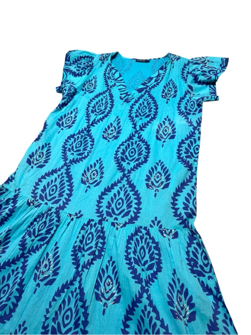 LA PLAGE Women’s Dress Large Maxi Cotton Turquoise Blue Boho Geometric Designer - Picture 5 of 11
